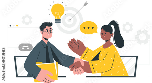 Two professionals shaking hands over a laptop, illustrating a business agreement or partnership in a modern office setting