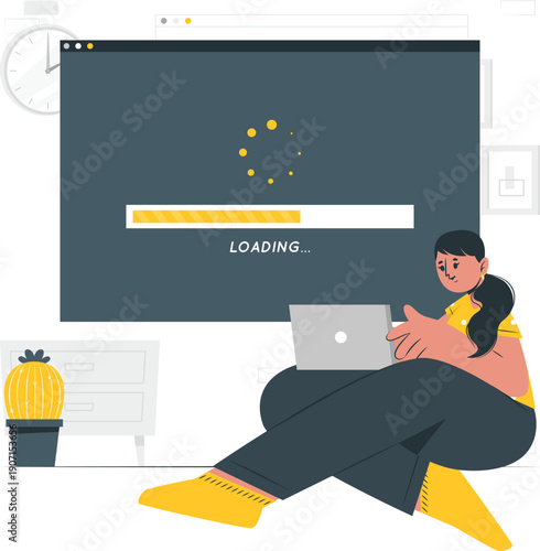 Woman sitting on floor with laptop waiting for webpage to load on computer screen