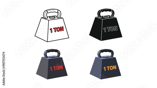 Heavy 1 ton weight illustrations in line art, silhouette, and color variations for strength