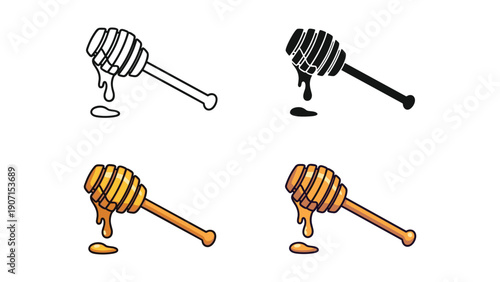 Honey dipper with dripping honey vector icons, sweet illustration for natural food and desserts