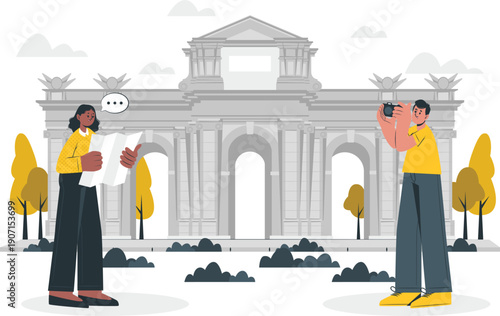 Two individuals standing in front of a grand building, one taking a picture while the other converses, surrounded by trees and rocks.