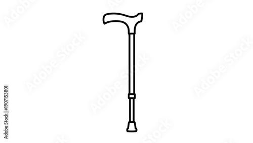 Simple black outline of a classic walking cane or walking stick represents support, mobility assistance, elderly care, and a traditional personal accessory.