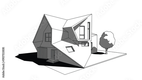 Black and white architectural sketch of a modern house with unique geometric angles and a tree represents contemporary home design and innovative living spaces.