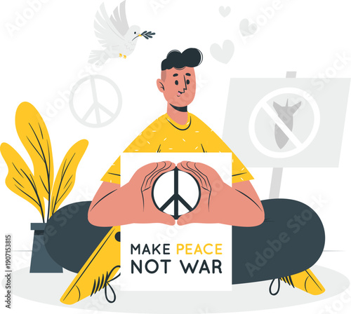 Man holding peace sign poster with dove flying above in serene illustration