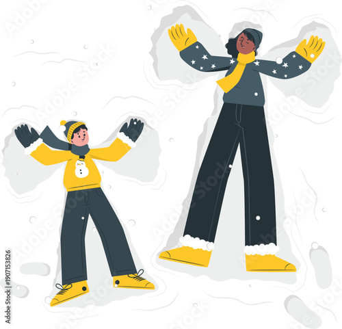 Children making snow angels in the snow, a joyful winter scene illustration