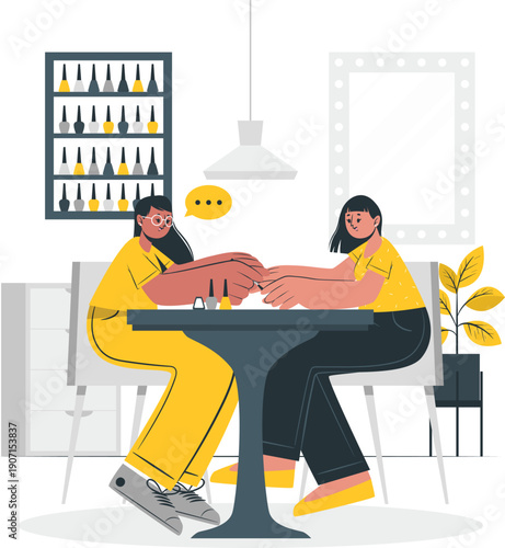 Two women having a friendly arm wrestling match at a table in a modern living room setting viewed from the side.