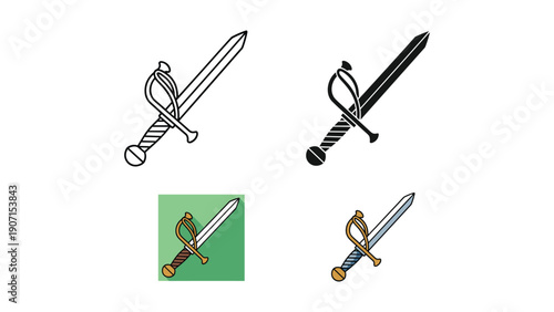 Elegant rapier sword illustration in line art, silhouette, and color with diverse handles