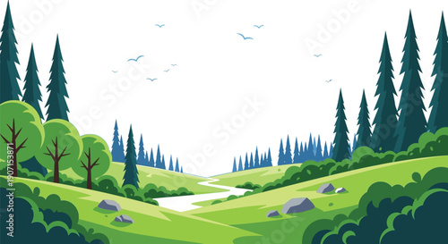Lush green valley slopes gently downward toward a winding stream bordered by tall evergreen trees.