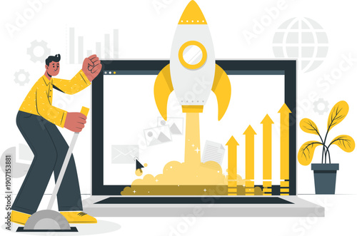 A person launching a rocket from a laptop screen with rising graphs and charts in a modern workspace