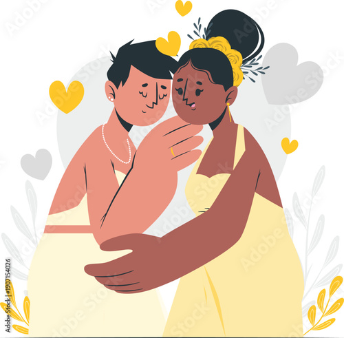 Couple embracing tenderly with affectionate love surrounded by hearts and flowers in a whimsical illustration