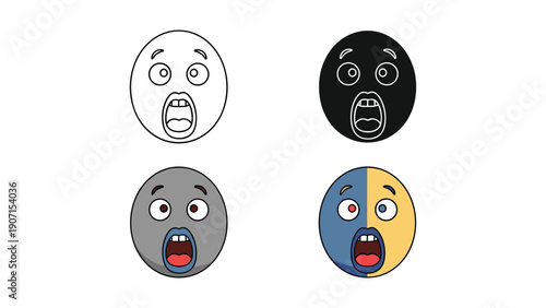 Surprised emoji faces in line art, silhouette, and full color with wide eyes and open mouths