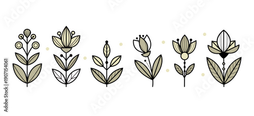 An elegant seamless monochrome floral pattern featuring black lines on a white background. 