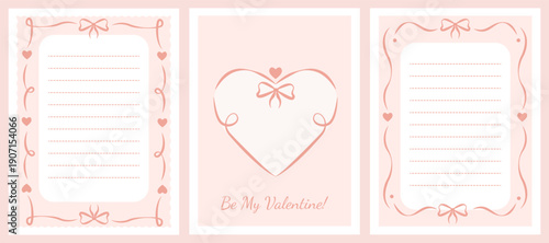 A set of festive templates for greetings with bows, ribbons, and hearts in pink