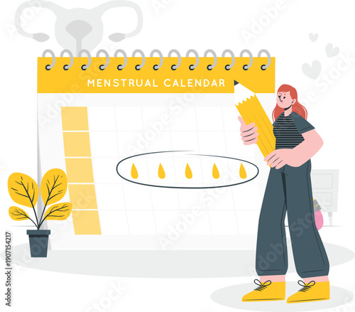 Woman reviewing menstrual calendar with highlighted dates, holding papers, standing beside plant and calendar display