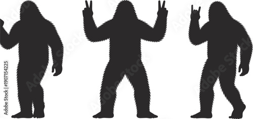 Three black Bigfoot silhouettes with different hand gestures on white background