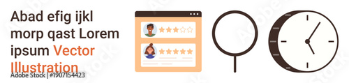 User feedback, time management, online reviews, customer ratings, search functionality, digital tools. Display of review system, magnifying glass clock. Online reviews and time management concept