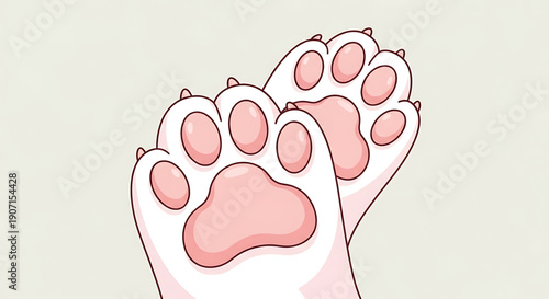 An adorable illustration of a pair of pink animal paws with five toes on each a light beige background with a cute expressionless face easter