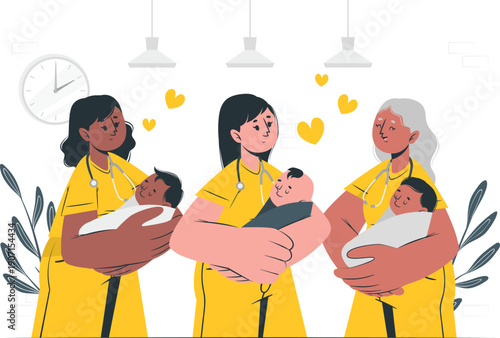 Three women in matching yellow uniforms lovingly cradling infants in a heartwarming scene of nurturing and care