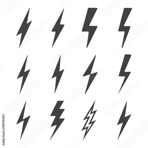 Twelve black lightning bolt arranged in a grid pattern white background