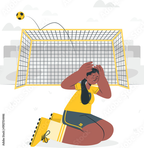 A young female soccer player in distress, kneeling on the ground in front of a soccer goal with a ball flying towards it
