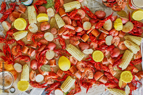 seafood boil with fresh shrimp, crawfish, potatoes, and corn