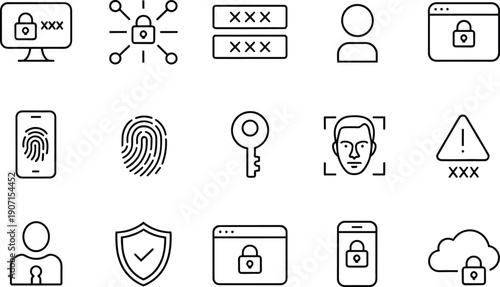 Linear vector icon set for cybersecurity and identity protection featuring biometric fingerprints facial recognition password locks secure cloud access and digital privacy encryption