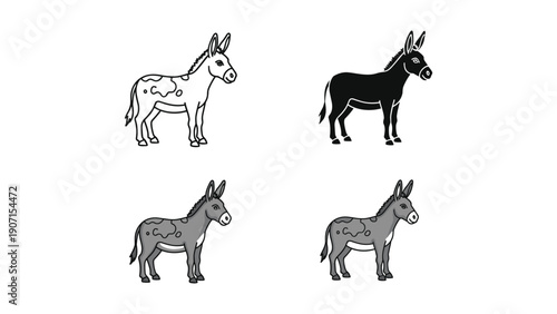 Donkey animal illustrated in outline, solid silhouette, and two realistic color variations.