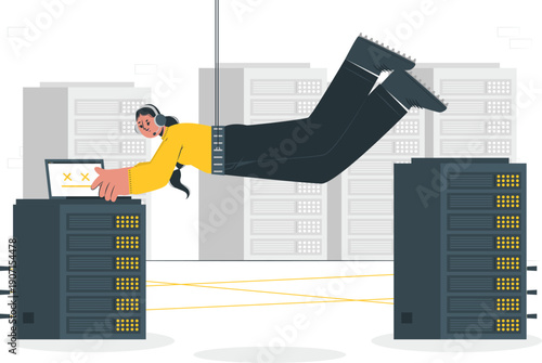 Man leaping between server racks with laptop in hand, showcasing dynamic movement in a data center environment from a dynamic viewpoint