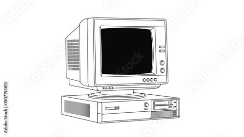 Detailed line drawing of a vintage desktop computer with a monitor and CPU unit illustrates the early era of personal computing and digital technology history.