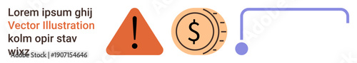 Finance, awareness, budgeting, caution, economics, data . A warning triangle, dollar coin and a curved visual element. Finance and awareness concept for cautionary ation