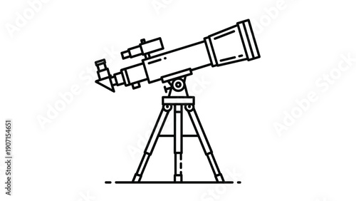 Minimalist line drawing of a telescope on a tripod stands ready for star gazing, astronomical research, and exploring the vast mysteries of the outer space.