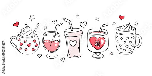 A big cute set of love drinks. A set of cliparts for friendship and love for Valentine's Day. Cartoon vector hand-drawn illustrations in doodle style. A collection with a cocktail, a mug and hearts. v