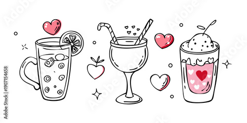 A big cute set of love drinks. A set of cliparts for friendship and love for Valentine's Day. Cartoon vector hand-drawn illustrations in doodle style. A collection with a cocktail, a mug and hearts. v