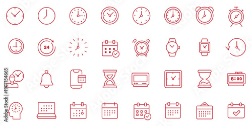 Time and Clock web icons in line style. Calendar, timer, time, stopwatch, countdown, collection. Editable stroke. Vector illustration.