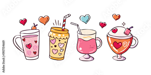 A big cute set of love drinks. A set of cliparts for friendship and love for Valentine's Day. Cartoon vector hand-drawn illustrations in doodle style. A collection with a cocktail, a mug and hearts. v