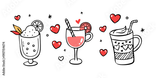 A big cute set of love drinks. A set of cliparts for friendship and love for Valentine's Day. Cartoon vector hand-drawn illustrations in doodle style. A collection with a cocktail, a mug and hearts. v
