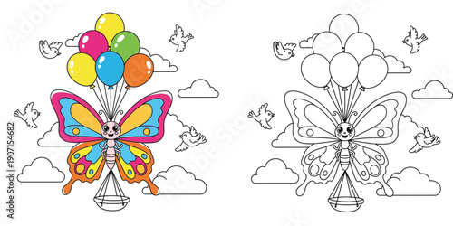 Cute butterfly flying with balloons cartoon character for kids coloring book page with colored and outline vector illustration.