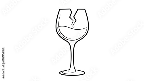 Simple black outline of a broken wine glass with a crack in the bowl and some liquid remaining represents bad luck, accidental damage, or a ruined party.