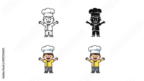 Cute cartoon child chef with arms wide open, illustration in various styles including outline, silhouette, and full color