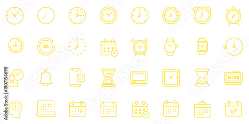 Time and Clock web icons in line style. Calendar, timer, time, stopwatch, countdown, collection. Editable stroke. Vector illustration.