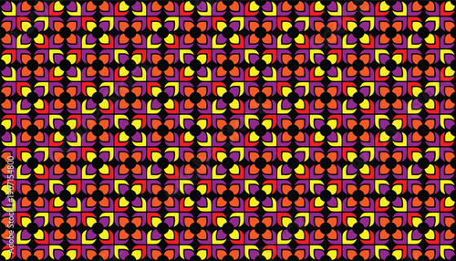 Seamless geometric pattern featuring neon purple, orange, and yellow floral motifs on a black field. Abstract vector background with a dense repeating ornamental petal lattice.