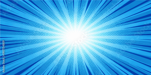 A bright blue abstract vector illustration featuring a sunburst pattern of glowing rays and light beams exploding across a starburst sky background design