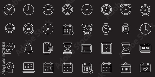 Time and Clock web icons in line style. Calendar, timer, time, stopwatch, countdown, collection. Editable stroke. Vector illustration.
