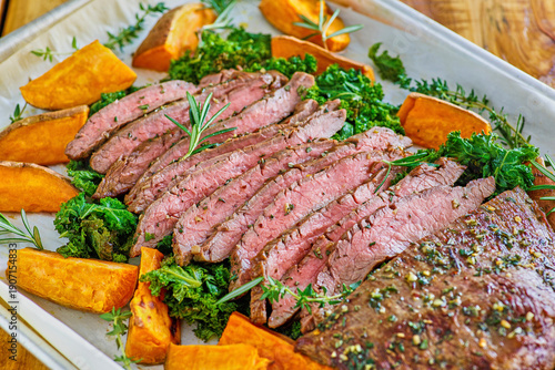 sheet pan flank steak with roasted sweet potato and kale