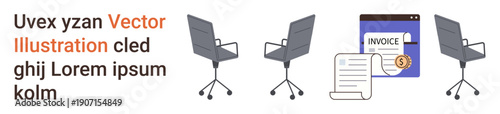 Business operations, finance, workplace setup, document processing, office culture, transaction management. Office chairs align with invoice and receipt documents. Business operations and finance