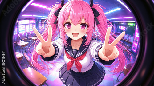 Cheerful anime schoolgirl idol with pink twin tails making victory sign in neon-lit classroom. Wide-angle fisheye perspective and vibrant cyber pop mood. 