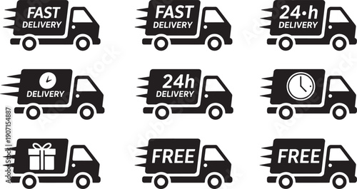 Delivery truck with various messages fast delivery 24h delivery free delivery