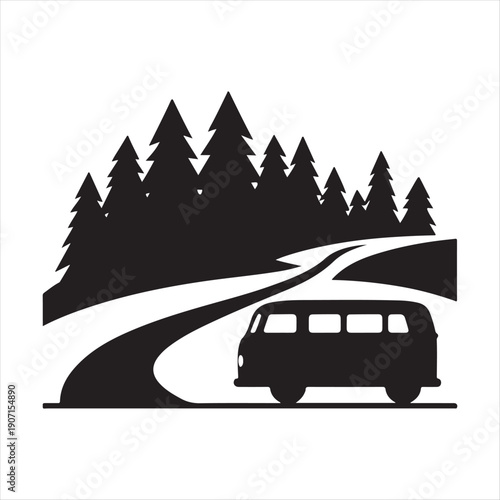 Camper van hidden road abstract silhouette line art logo design concept illustration