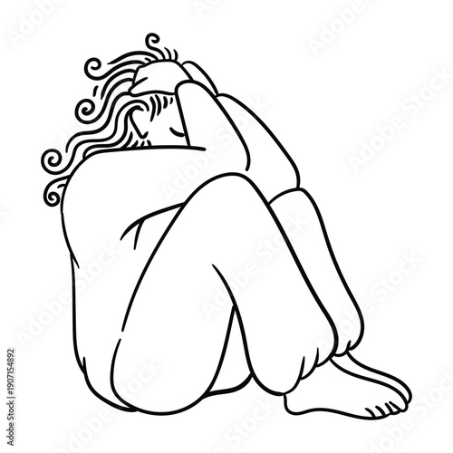 Hand-drawn simple sketch of a long-haired person sitting and holding their head, expressing depression or regret. Suitable for mental health posters, editorial illustration, emotional concepts, and so