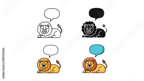 Lion resting with thought bubble in four styles: outline, silhouette, and colored versions